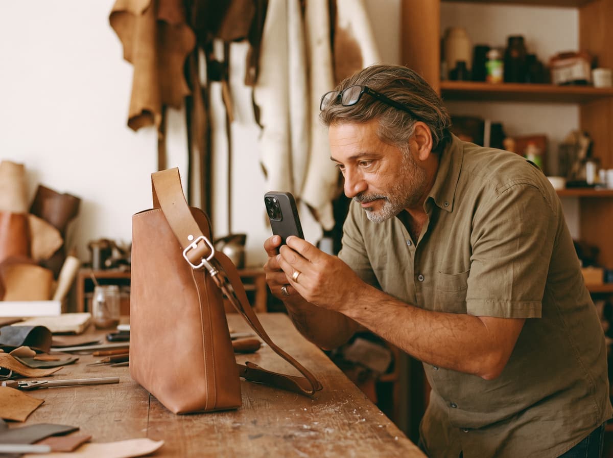 Artesano de piel fotografía con su teléfono la bolsa que acaba de terminar en su taller